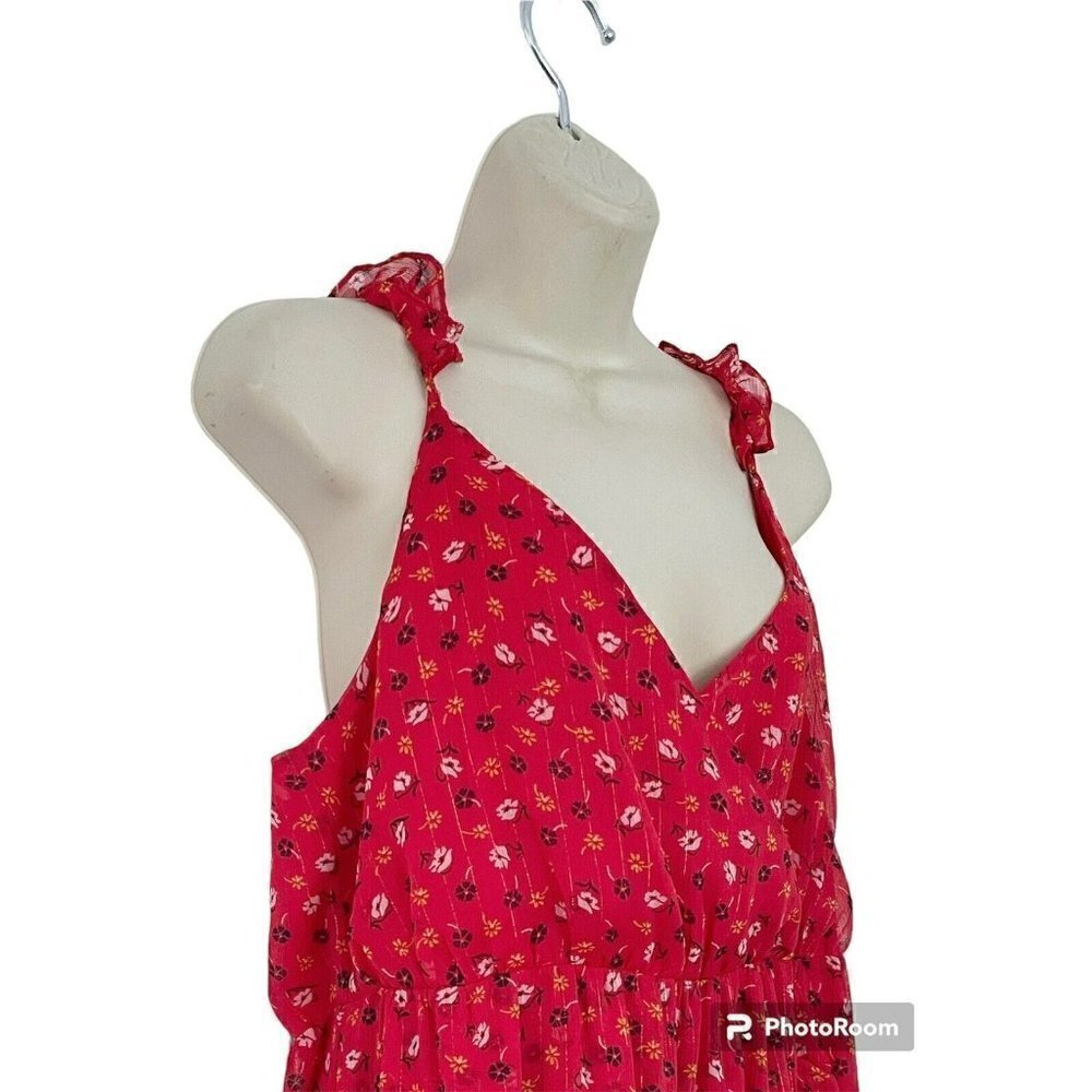 Madewell Ruffle-Strap Wrap Dress Metallic-Striped Prairie Posies Woman's Size 12 - Picture 3 of 6